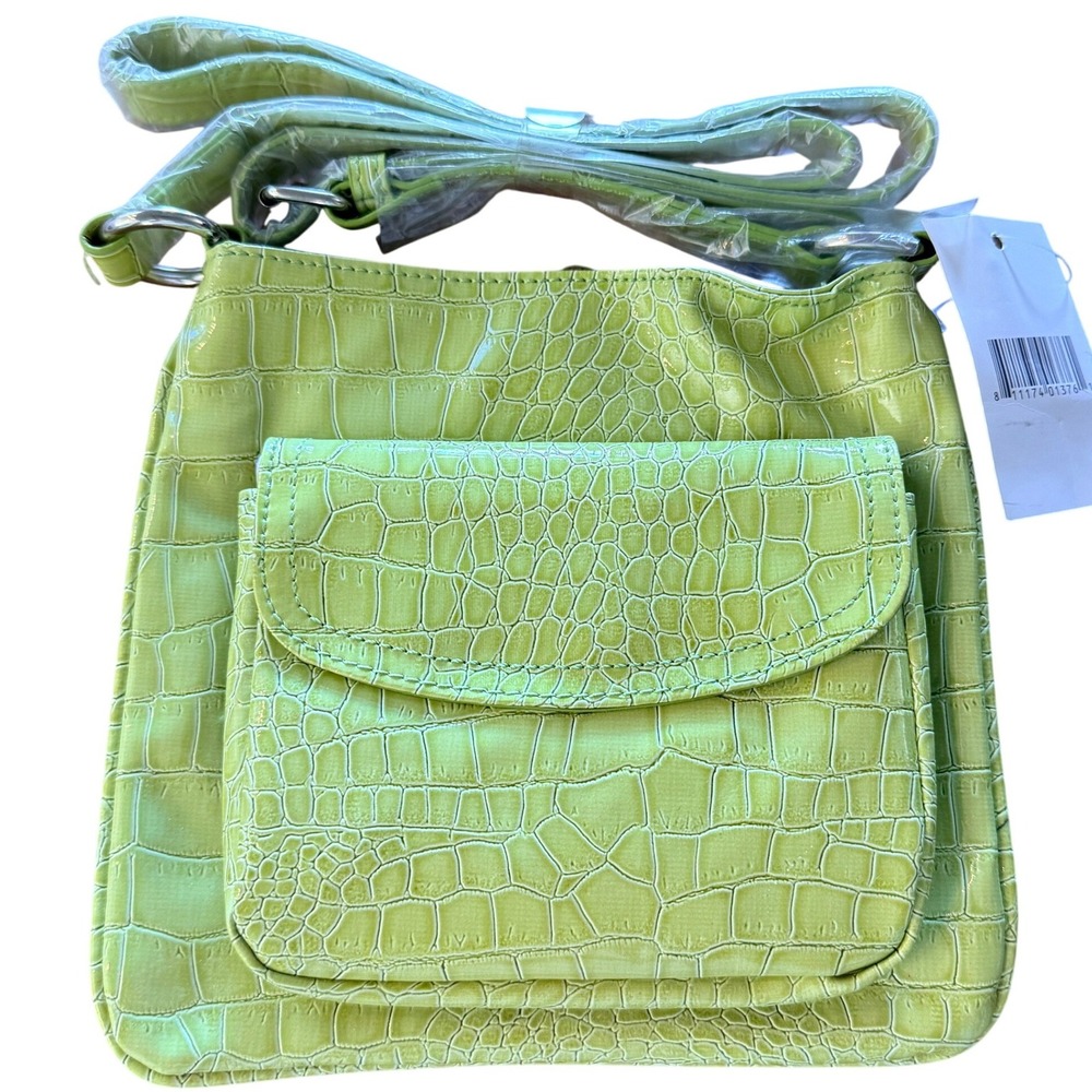 Lime Green Croc Embossed Crossbody Bag Purse Multi Pocket Adjustable Strap NWT
